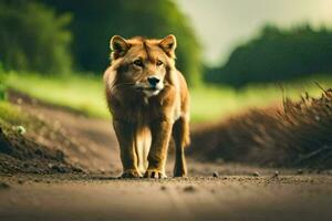 en lejon gående ner en smuts väg. ai-genererad foto