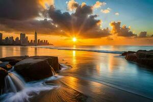 de Sol stiger över de stad horisont i dubai. ai-genererad foto