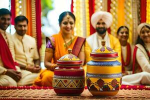 indisk bröllop ceremoni med familj och vänner. ai-genererad foto