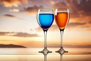 två glasögon av vin med färgrik flytande på de tabell. ai-genererad foto