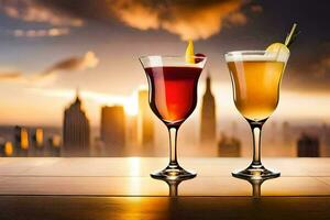 två glasögon av cocktails med stadsbild i de bakgrund. ai-genererad foto