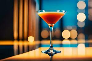 en cocktail i en glas på en tabell i främre av en stad horisont. ai-genererad foto