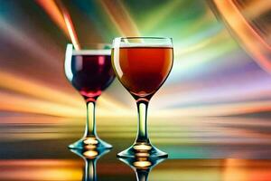 två glasögon av vin på en tabell med en färgrik bakgrund. ai-genererad foto