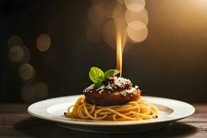 spaghetti med kött sås på en tallrik. ai-genererad foto