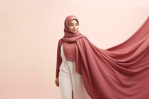 hijab mode begrepp. ung skön asiatisk muslim kvinna bär hijab ai genererad foto