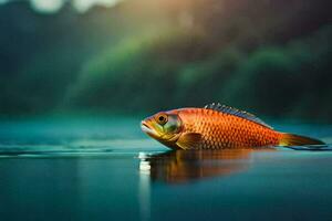 Foto tapet fisk, de vatten, de Sol, de sjö, de skog, de fisk,. ai-genererad