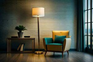 en stol och lampa i en rum med en tegel vägg. ai-genererad foto