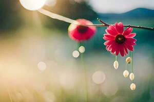 Foto tapet de himmel, blommor, de Sol, de gräs, de fält, de Sol,. ai-genererad