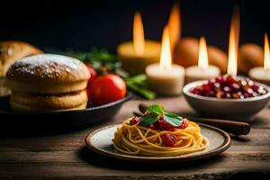 spaghetti med tomat sås, bröd och ljus på en trä- tabell. ai-genererad foto