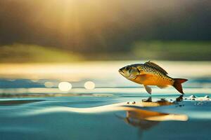 en fisk är stående på de vatten med de Sol lysande. ai-genererad foto