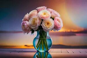 rosa ro i en vas på en tabell med en solnedgång i de bakgrund. ai-genererad foto