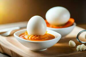 två ägg i skålar med morötter och kryddor. ai-genererad foto