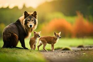 en Varg och två små hundar i de skogen. ai-genererad foto