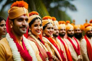 en grupp av indisk bröllop gäster i orange och gul. ai-genererad foto