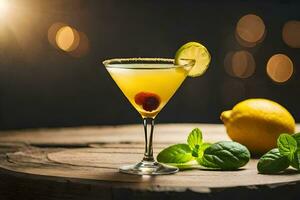 en cocktail med citron, mynta och en körsbär på topp. ai-genererad foto