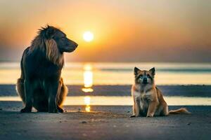 en lejon och en hund är Sammanträde på de strand på solnedgång. ai-genererad foto