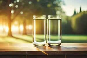 två tömma glas burkar på en tabell med en solnedgång i de bakgrund. ai-genererad foto