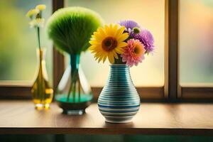 blommor i en vas på en tabell nära en fönster. ai-genererad foto