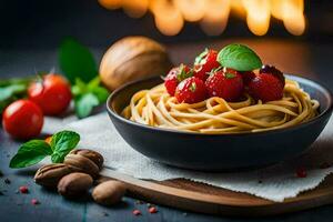 spaghetti med tomater och basilika på en trä- tabell. ai-genererad foto