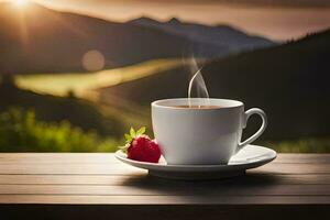 en kopp av kaffe med en jordgubb på en trä- tabell. ai-genererad foto
