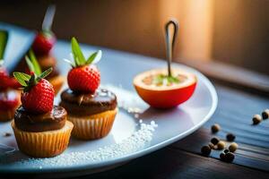 små muffins med jordgubbar och choklad på en tallrik. ai-genererad foto