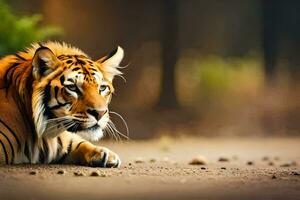 en tiger är Sammanträde på de jord i de skogen. ai-genererad foto