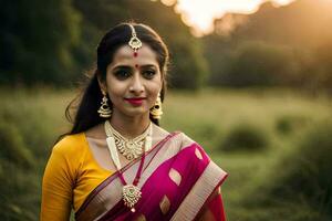 en skön indisk kvinna i en gul sari. ai-genererad foto