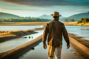 en man i en hatt promenader längs en flod. ai-genererad foto