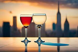 två vin glasögon med de stad horisont i de bakgrund. ai-genererad foto