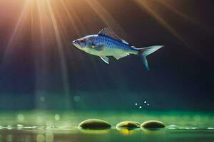 en fisk Hoppar ut av de vatten med en solstråle lysande på Det. ai-genererad foto