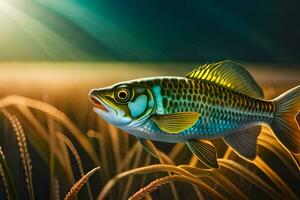 en fisk är stående i de gräs med de Sol lysande. ai-genererad foto