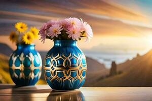 två vaser med blommor på en tabell med en solnedgång i de bakgrund. ai-genererad foto
