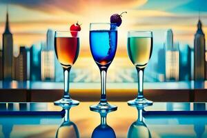 tre glasögon av champagne med frukt och en stad horisont i de bakgrund. ai-genererad foto