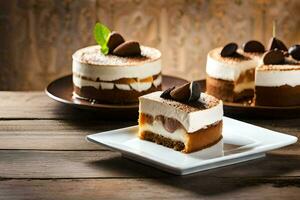 tre desserter på en tallrik. ai-genererad foto