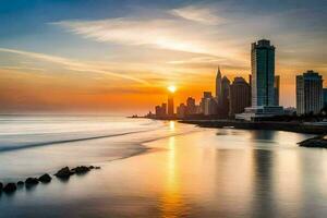 de Sol uppsättningar över de stad horisont i dubai. ai-genererad foto