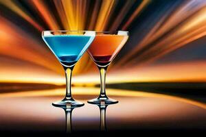 två martinis är visad i främre av en ljus ljus. ai-genererad foto