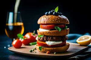 en burger med tomater, ost och sallad på en trä- styrelse. ai-genererad foto