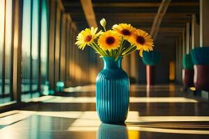 solrosor i en blå vas på en solig dag. ai-genererad foto