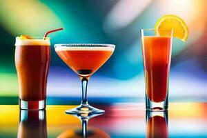 tre annorlunda cocktails på en tabell. ai-genererad foto