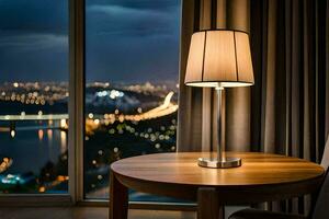 en tabell med en lampa Sammanträde i främre av en fönster. ai-genererad foto
