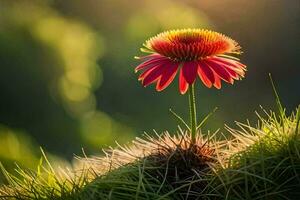 en röd blomma är växande ut av en kaktus. ai-genererad foto