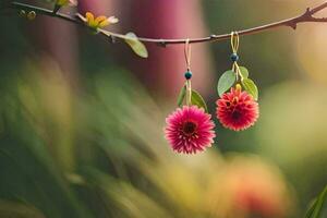 två rosa blommor hängande från en gren. ai-genererad foto