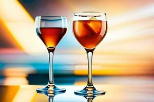 två glasögon av vin med en suddig bakgrund. ai-genererad foto