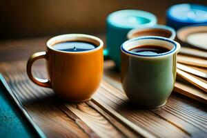två kaffe koppar med svart flytande i dem på en trä- tabell. ai-genererad foto