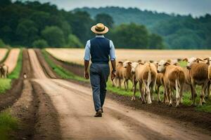 en man i en hatt och väst gående ner en smuts väg med kor. ai-genererad foto