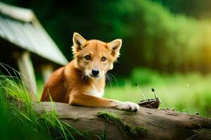 en hund Sammanträde på en logga i de gräs. ai-genererad foto