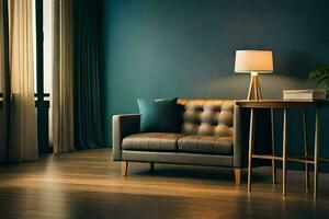 en levande rum med en läder soffa och tabell. ai-genererad foto