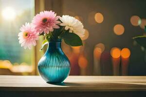 en blå vas med rosa blommor Sammanträde på en tabell. ai-genererad foto