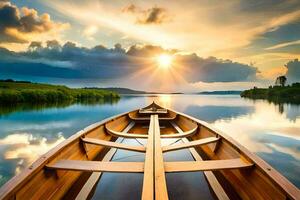 de Sol stiger över de vatten i en trä- båt. ai-genererad foto