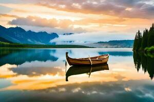 en båt sitter på de lugna vatten av en sjö. ai-genererad foto